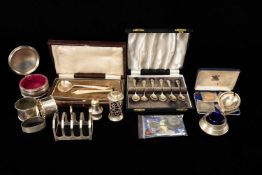 ASSORTED SILVER, PLATE & COINS, including cased set 6 coffee spoons, silver 5-bar toast rack, 3