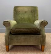 HOWARD STYLE EDWARDIAN ARMCHAIR, upholstered in green velour, button-back, tapered front legs, swept