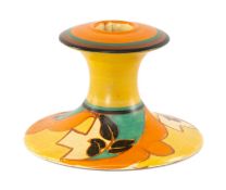 CLARICE CLIFF FEATHERS & LEAVES' CANDLESTICK, shape 310, printed marks, 7.5cms (h) Provenance: