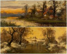 TWO EARLY 20th CENTURY OIL PAINTINGS - John Polderman, figures ice skating on a frozen lake, signed,