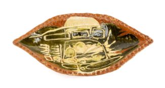 ISLWYN WATKINS (Welsh, 1938-2018) STUDIO POTTERY DISH, c. 1960, of lenticular form, with trailed and