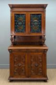 FLEMISH CARVED OAK & LEADED GLASS CABINET, c. 1900, upper section with stained-glass door panels, un