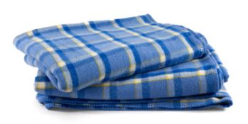 TWO MELIN TREGWYNT PURE NEW WOOL WELSH BLANKETS, light blue plaid design with darker blue, white and