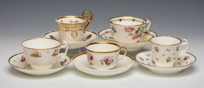 VARIOUS 19TH C. CUPS & SAUCERS, including Swansea and Nantgarw porcelain, each floral and gilt