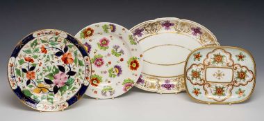 GROUP OF FOUR SWANSEA PORCELAIN DISHES, comprising oval cruciform dessert dish with gilt and magenta