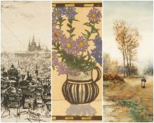 THREE PICTURES, comprising JAN VONDROUS (1884-1970) etching - Prague, signed, 25 x 32cms; HUGH