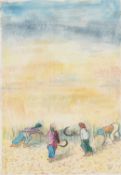 ‡ MARTIN HUMPHRIES (b.1951) pastel and ink on paper - The Reapers, farm workers with sickles in a
