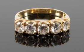 FIVE-STONE DIAMOND RING, unmarked yellow metal, presumed 18th gold, total diamond wt. approx. 1.0ct,