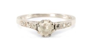 PLATINUM WHITE STONE RING, diamond shoulders, ring size L 1/2, 2.9g Provenance: private collection