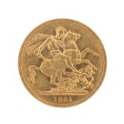 VICTORIA GOLD SOVEREIGN, 1881, 7.9g Provenance: consigned from Swansea Comments: light wear.
