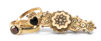 9CT GOLD & GARNET DRESS RING, size M, 3.7g; together with 9ct gold and onyx heart signet ring,