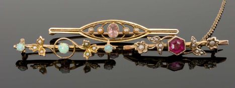 THREE 9CT GOLD GEM-SET BAR BROOCHES, including opal and seed pearl brooch, 38mms; another centred