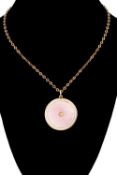 PINK GUILLOCHÉ ENAMEL DOUBLE-SIDED PENDANT, 22mms (diam.), suspended from a 9ct gold chain necklace,