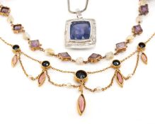 THREE MULTI-GEM PENDANTS ON CHAINS, including amethyst and sapphire, amethyst and freshwater pearls,