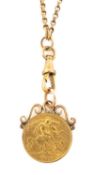 1911 HALF SOVEREIGN ON 9CT GOLD BELCHER LINK ALBERT CHAIN, 13.6g Provenance: private collection