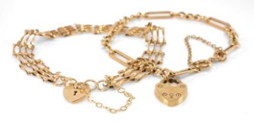 TWO 9CT GOLD BRACELETS, one of gate design, the other multi-link, both with heart-shaped padlocks,