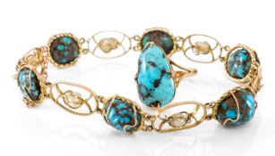 9CT GOLD TURQUOISE & FRESHWATER PEARL OPEN WIREWORK BRACELET, with safety chain; together with