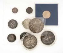 SMALL GROUP ANTIQUE COINS, including 1723 George I silver shilling, 2x 1889 Victoria silver