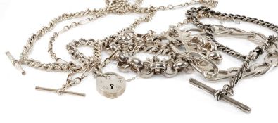 STERLING-SILVER WATCH ALBERT CHAIN, 45cms (l); together with fine chain and bar link silver albert