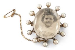 VICTORIAN PEARL & ROSE DIAMOND 'BUBBLE LENS' BROOCH, c. 1880, oval form with a thick cabochon '