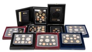 ROYAL MINT GB PROOF COIN SETS, dates: 2001-2004, 2008, 2009 (including rare Kew Gardens 50p),