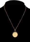 VICTORIAN HALF SOVEREIGN PENDANT in 9ct gold mount, suspended from 9ct gold box link chain necklace,