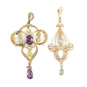 EDWARDIAN AQUAMARINE & PEARL OPEN PENDANT in unmarked yellow gold, 60mms drop, 21mms (w), 3.3g;