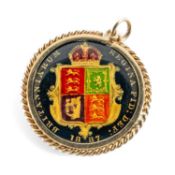 VICTORIA GOLD HALF SOVEREIGN PENDANT, Golden Jubilee 1887, shield back, enamelled, in 9ct gold