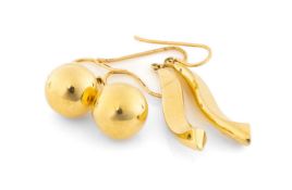 TWO PAIRS OF MODERN 18CT GOLD EARRINGS, including serpentine, 35mms drop, and tear shaped, 20mms