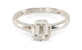 14CT WHITE GOLD SOLITAIRE RING, set with an emerald-cut cubic zirconia, ring size Q, 2.4g