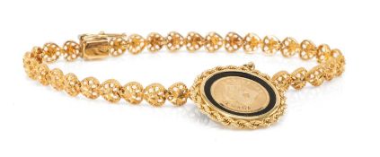 YELLOW METAL HEART DESIGN BRACELET, together with 14k gold Las Vegas Nevada pendant, 9.3g gross (