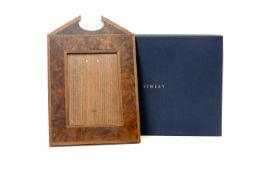 DAVID LINLEY BURR WALNUT PHOTOGRAPH FRAME, with broken arch pediment, easel back with stamped