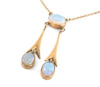 EDWARDIAN YELLOW METAL OPAL THREE-STONE NECKLACE, 6.4g Provenance: consigned from Swansea Borough