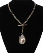 SILVER CURB LINK WATCH ALBERT, with T-bar and shield fob, 39g Provenance: private collection