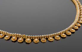 ETRUSCAN REVIVAL 15CT GOLD & SEED PEARL FRINGE NECKLACE, worked with cannetille disks centred with a