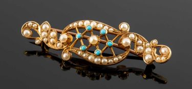 VICTORIAN TURQUOISE & PEARL BROOCH, unmarked yellow gold, Rococo form centred with open lattice,