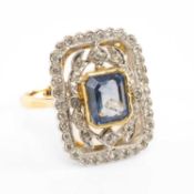 EDWARDIAN SAPPHIRE & DIAMOND DRESS RING, central cushion-cut sapphire 7 x 5.5mm, to 18ct yellow gold