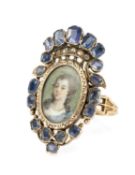 EARLY 19TH C. SAPPHIRE & DIAMOND PORTRAIT RING, in unmarked yellow metal mount with closed back