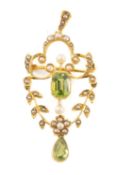 15CT EDWARDIAN SPLIT PEARL & PERIDOT PENDANT / BROOCH, 5cms, 5.2g Provenance: consigned from Swansea