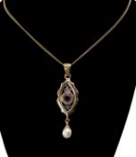 CLOGAU 9CT GOLD AMETHYST & PEARL PENDANT NECKLACE, pendant drop 40mms, chain 46cms (l), gross weight