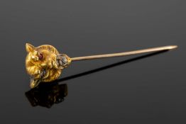 YELLOW METAL TIGER MASK STOCK PIN, set with cabochon ruby eyes, with a white gemstone set within