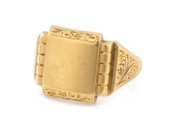 GENT'S 9CT GOLD SIGNET RING, vacant with foliate chased shoulders, ring size S, 9.3g Provenance: