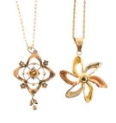 14K TRI-GOLD FLOWER PENDANT on 9ct gold fine chain, with antique 9ct gold seed pearl pendant on