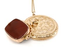 9CT GOLD CIRCULAR ENGRAVED LOCKET on 9ct gold chain with 9ct gold revolving carnelian and bloodstone