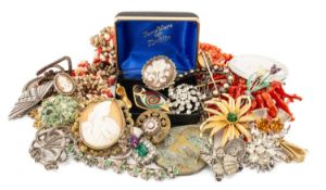 ASSORTED COSTUME JEWELLERY, including natural branch coral necklace, brooches, lipstick holder/
