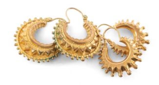 TWO PAIRS OF 9CT GOLD CRESCENT HOOP EARRINGS, 20 and 24mms (diam.), gross weight 5.8g Provenance: