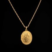 VICTORIAN YELLOW METAL MONOGRAMMED OVAL PICTURE LOCKET, inscribed and dated 1874, 35 x 25mms,