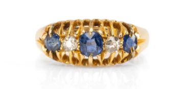EDWARDIAN 18CT GOLD SAPPHIRE & DIAMOND FIVE-STONE RING, size J, in period ring box, approx. 3.2g