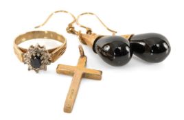9CT GOLD CROSS-FORM PENDANT, 25mms, 2.6g; together with sapphire and diamond cluster ring in 9ct