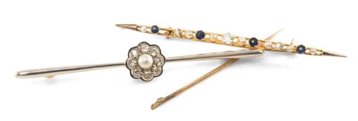 DIAMOND & PEARL BAR BROOCH, the old-round-cut diamonds in a millegrain white metal setting, backed